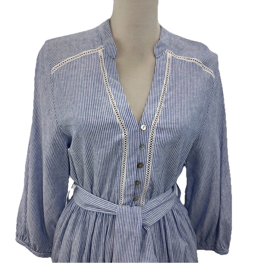 ZARA BLUE WHITE STRIPED LINEN BLEND RUFFLE BELTED DRESS WITH LACE TRIMS SIZE XS - Picture 2 of 8